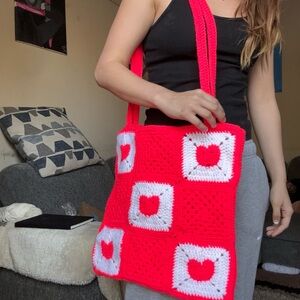 Handmade Pink and White Crochet Tote Bag